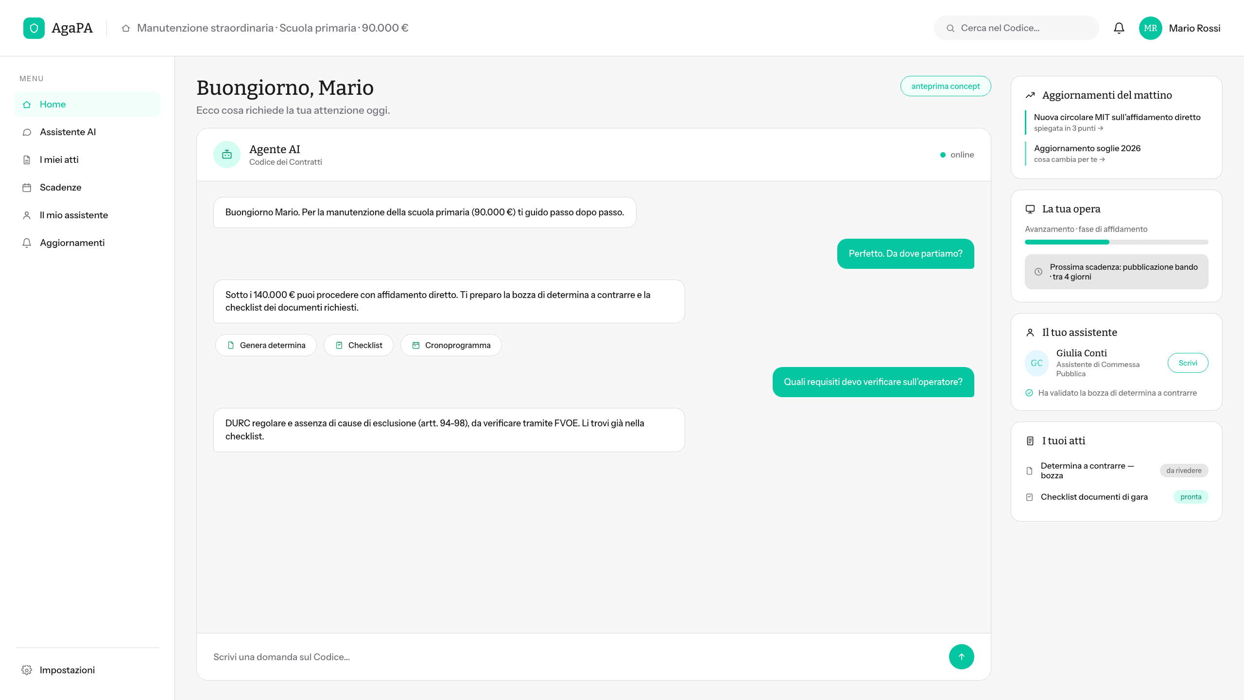 Anteprima del workspace AgaPA: agente AI, scadenze e assistente di commessa